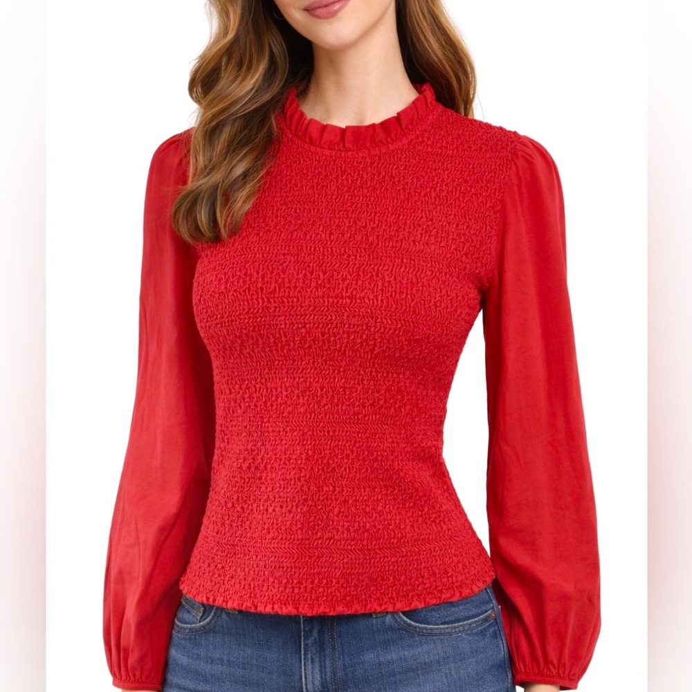 J Crew Red Long-sleeve ruffleneck smocked top Size M